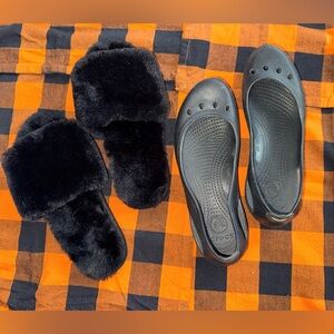 CROCS Perforated Flats and black fuzzy slides